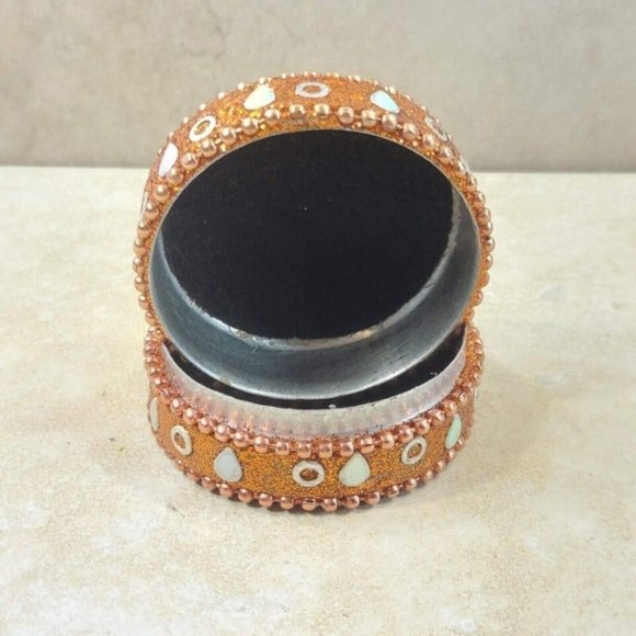 VTG Jewelry Box Orange Round Glitter Trinket Gift Beads Ornament Velvet Interior - Picture 9 of 12